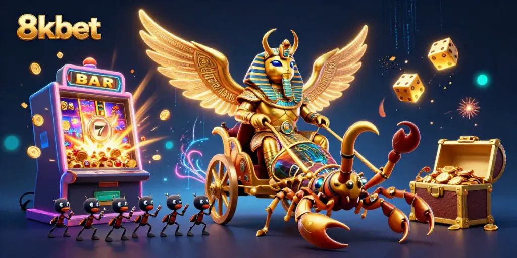 Experience excitement with 8kbet's vibrant casino scene featuring a golden scarab and scorpions amid dynamic slots and gold.