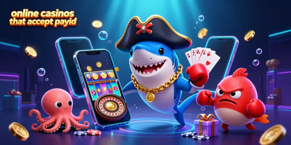 Engage with top online casinos that accept payid featuring a fun 3D pirate shark, pufferfish, and octopus illustration.