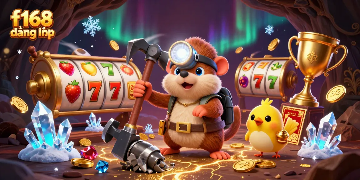 Experience f168 đăng nhập with a cartoon treasure hunter in a dynamic casino scene surrounded by vibrant slot elements.