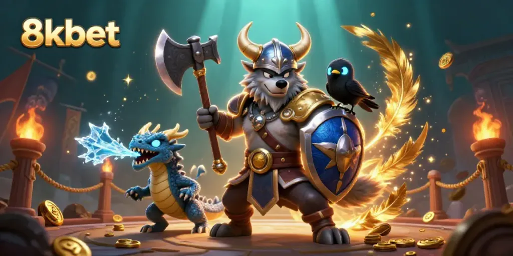 Engage with the thrilling world of 8kbet through a dynamic Viking warrior and dragon scene.