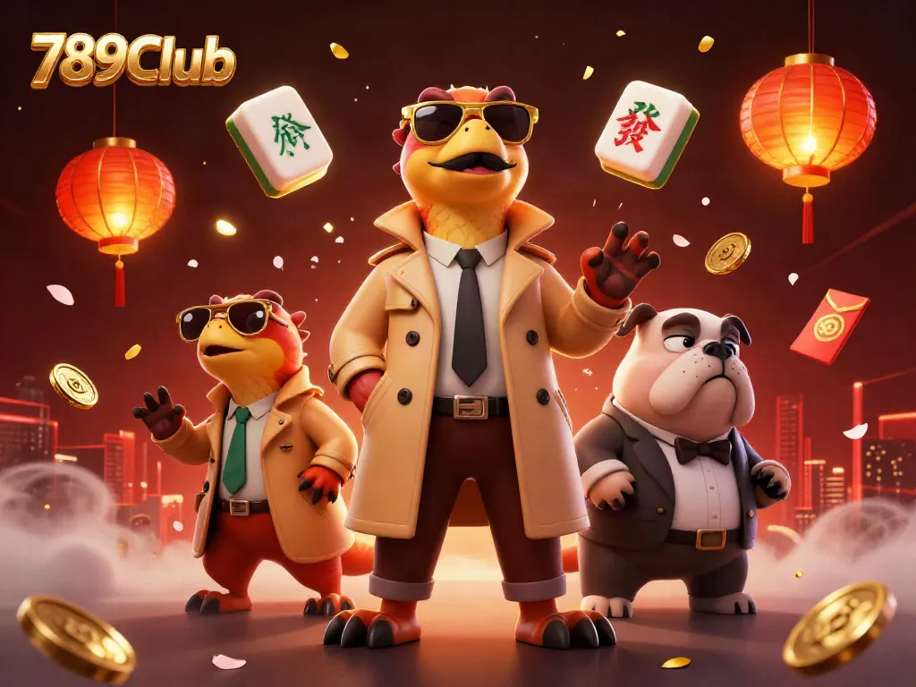 Engaging scene showcasing 789Club's charming raptors in a trench coat attempting casino entry, full of vibrant gaming elements.