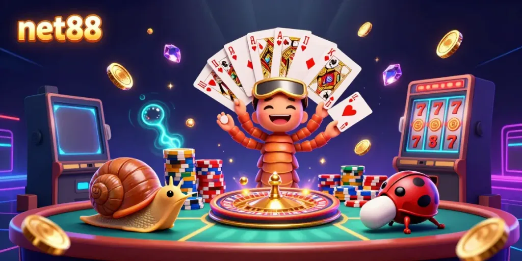 Engage with the dynamic casino scene featuring net88's vibrant millipede dealer, high-roller snail, and pill bug excitement.