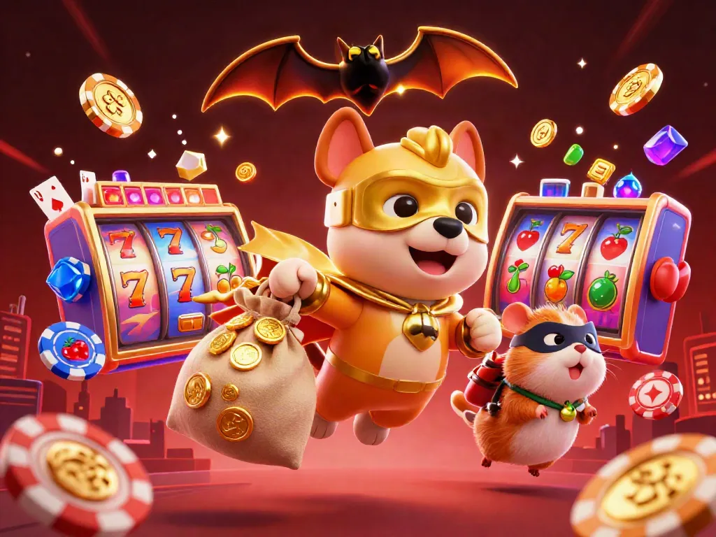 A superhero dog and a hamster ride together in a vibrant B52club scene, featuring spinning slot reels and gleaming poker chips.