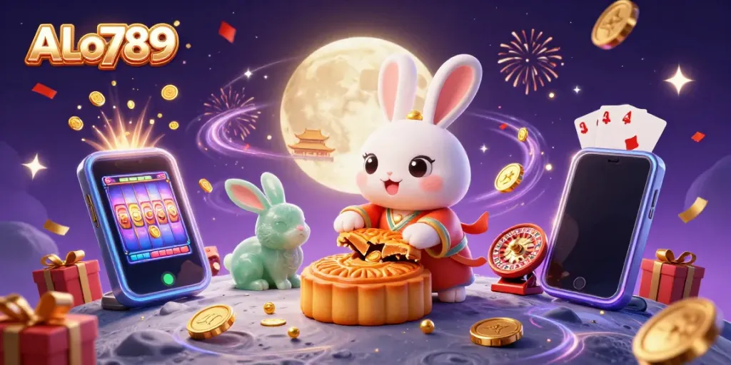 Experience ALo789's lunar gaming adventure with vibrant casino elements bursting forth from mooncakes.