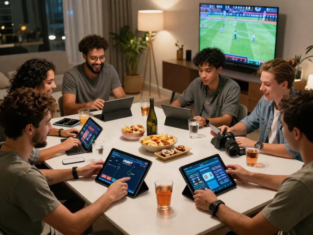 Group of friends enjoying FABET betting experience in a lively home setting.