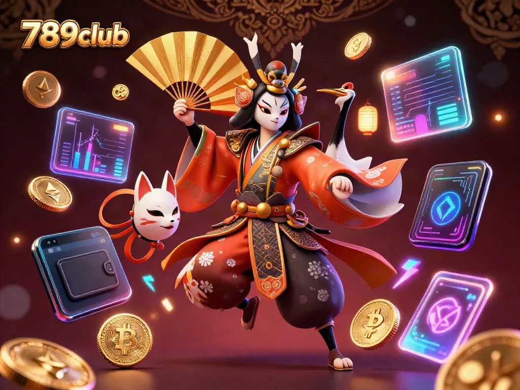 The 789club scene showcases vibrant kabuki characters amidst glowing cryptocurrency symbols in an electrifying casino environment.