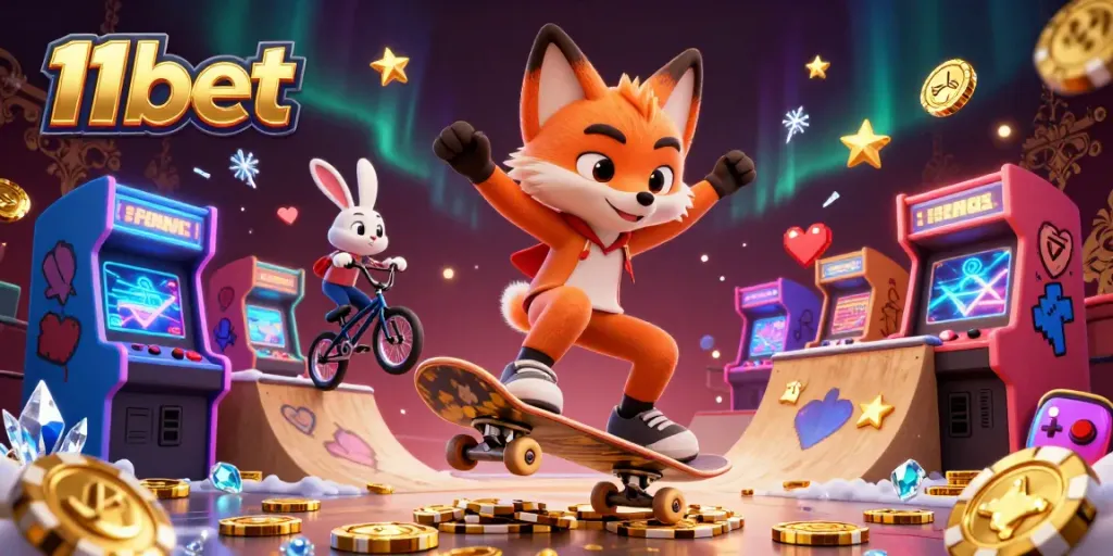 Experience exciting gameplay with 11bet's vibrant casino-themed illustration featuring animated characters.
