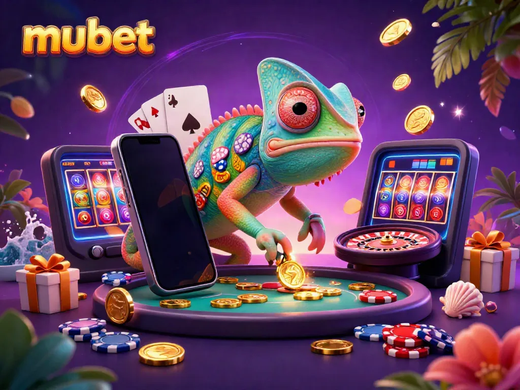 Engage with mubet's thrilling casino atmosphere featuring a colorful chameleon and gaming elements.