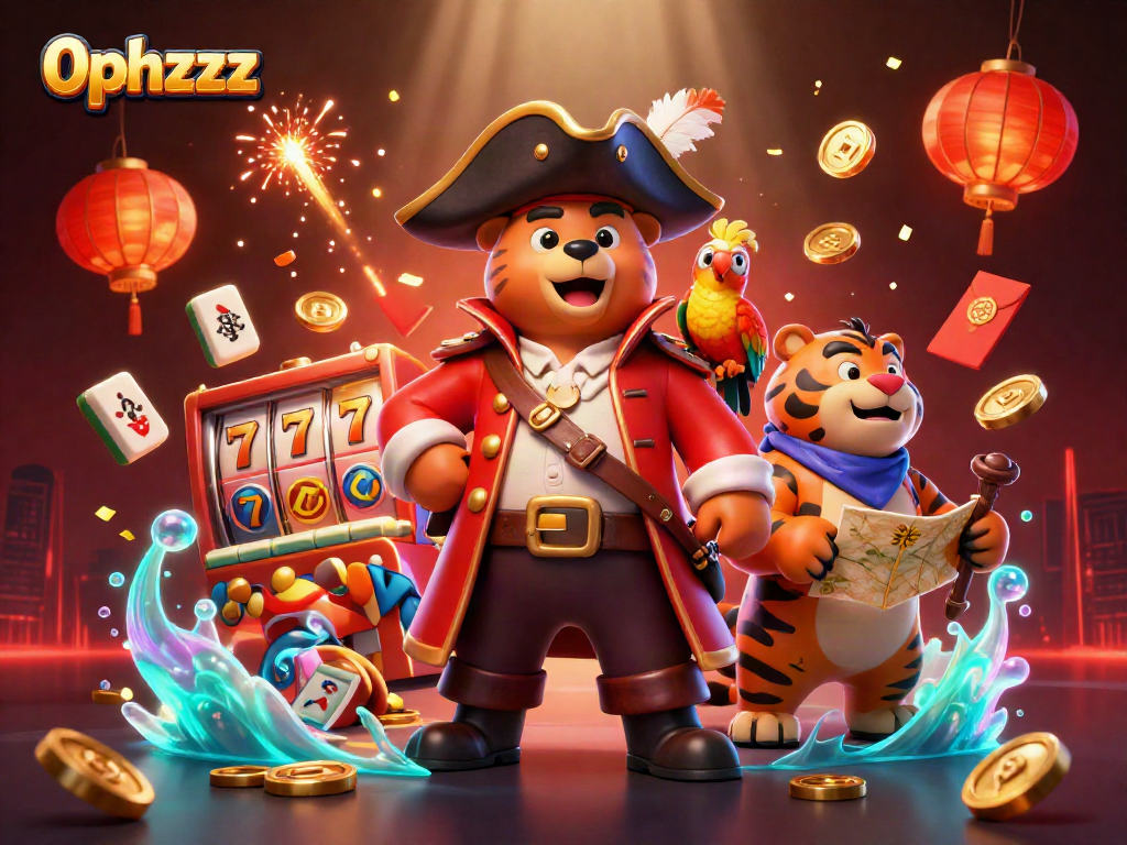 Experience thrilling gaming with 0phzzz, featuring an animated pirate bear and jackpot symbols in a vibrant casino scene.