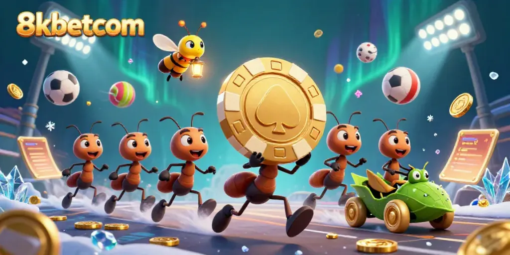 Join the thrilling adventure at 8kbetcom with ants heisting a massive poker chip in a vibrant casino scene.