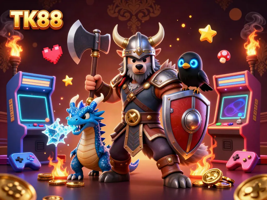 Engage in thrilling games at TK88 with a Viking warrior, dragon, and glowing casino elements.