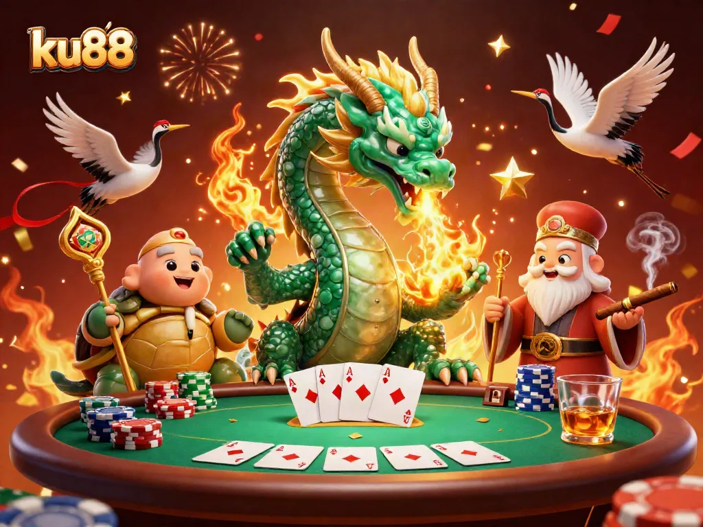 Experience thrilling action at ku88 casino with vibrant illustrations of games and luck.