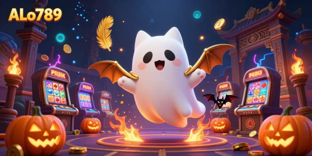 Engage with the exciting realm of ALo789, where a friendly ghost cat and a vampire bat animate a vibrant casino scene.