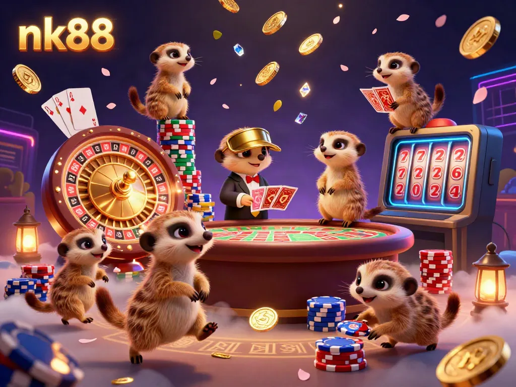 Join the fun at nk88's animated casino, featuring meerkats engaging in exciting betting games.