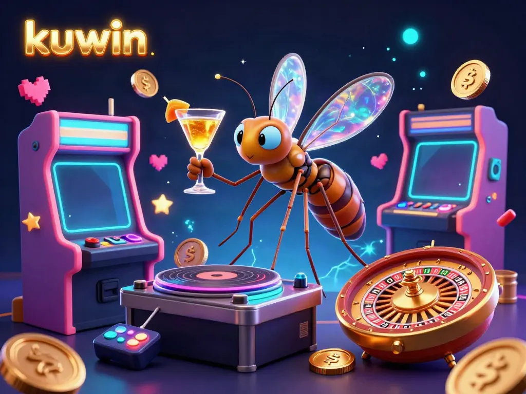 Kuwin brings excitement to life with a frozen mosquito mascot and trilobite DJ amidst engaging casino environments.