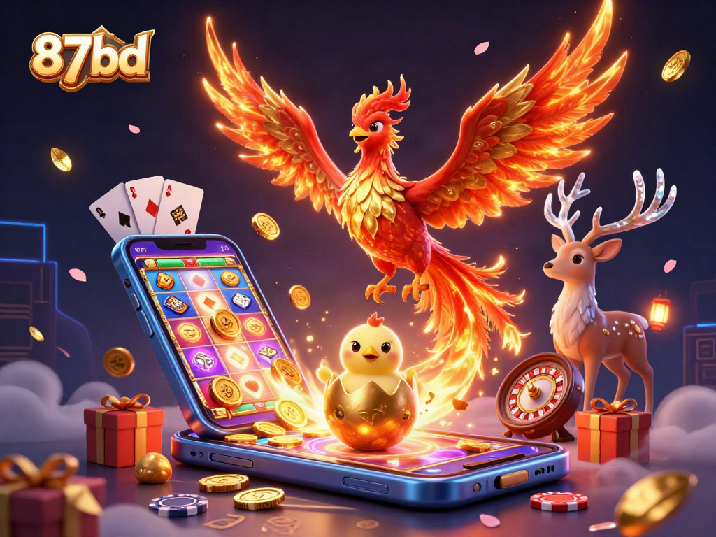 Engage with 87bd's vibrant gaming experience featuring phoenixes and rich casino elements.