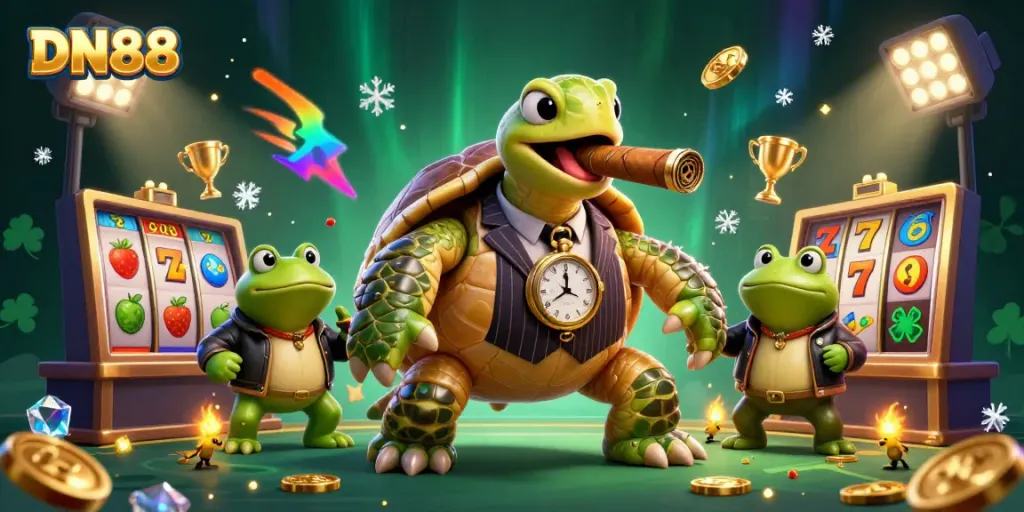 Experience thrilling gameplay at DN88's vibrant casino with 3D slot elements and animated characters.
