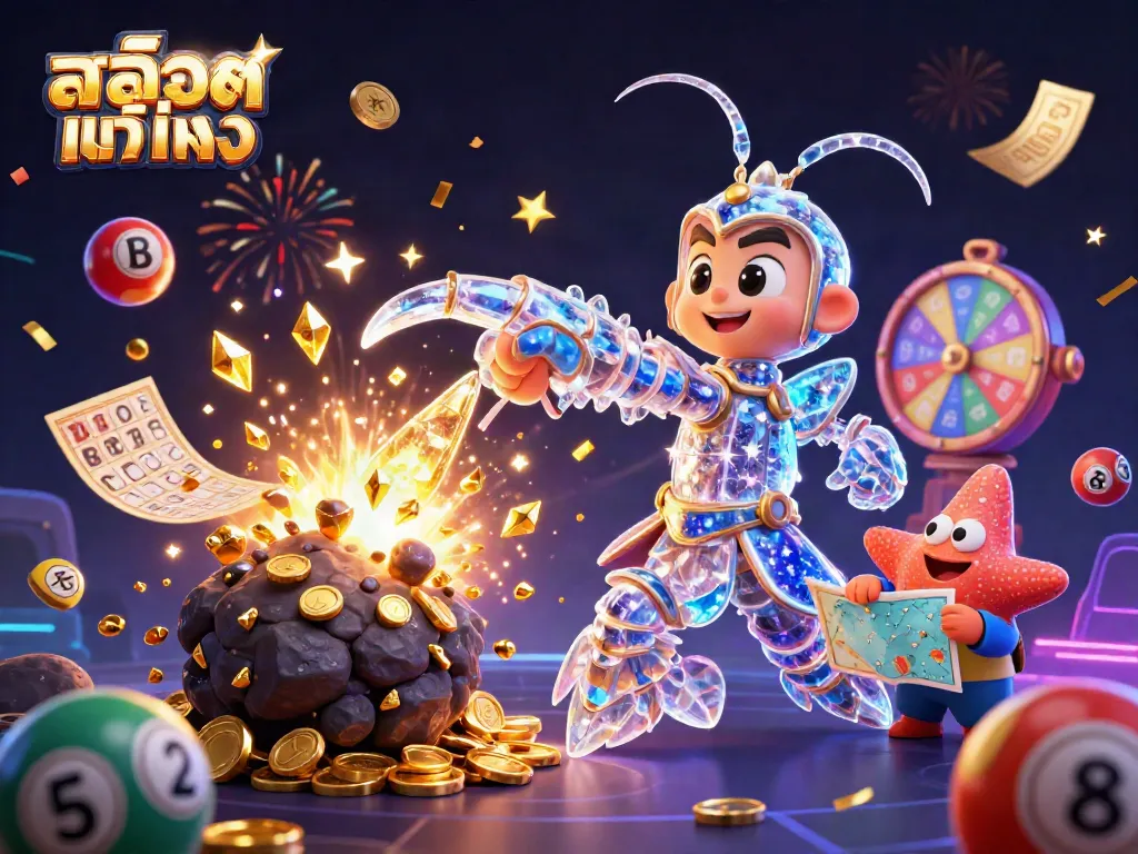 Engage with สล็อตแท้ตรง featuring a galactic samurai mantis shrimp battling through an asteroid shower of coins and gems in this vibrant, dynamic scene.