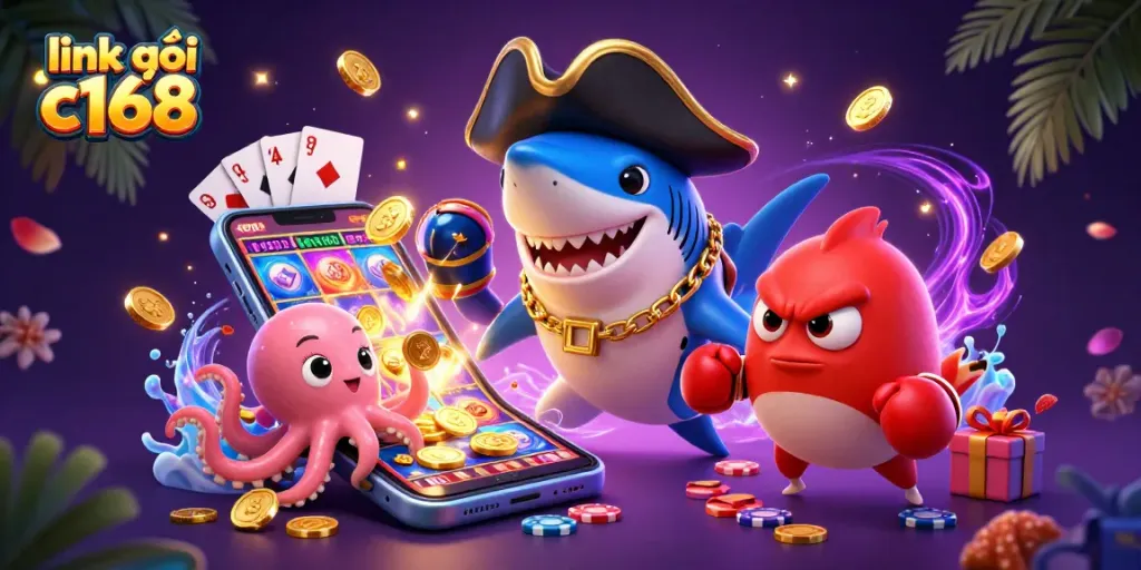 Link vào c168 showcases an exciting 3D casino scene with vibrant characters and dynamic game elements.