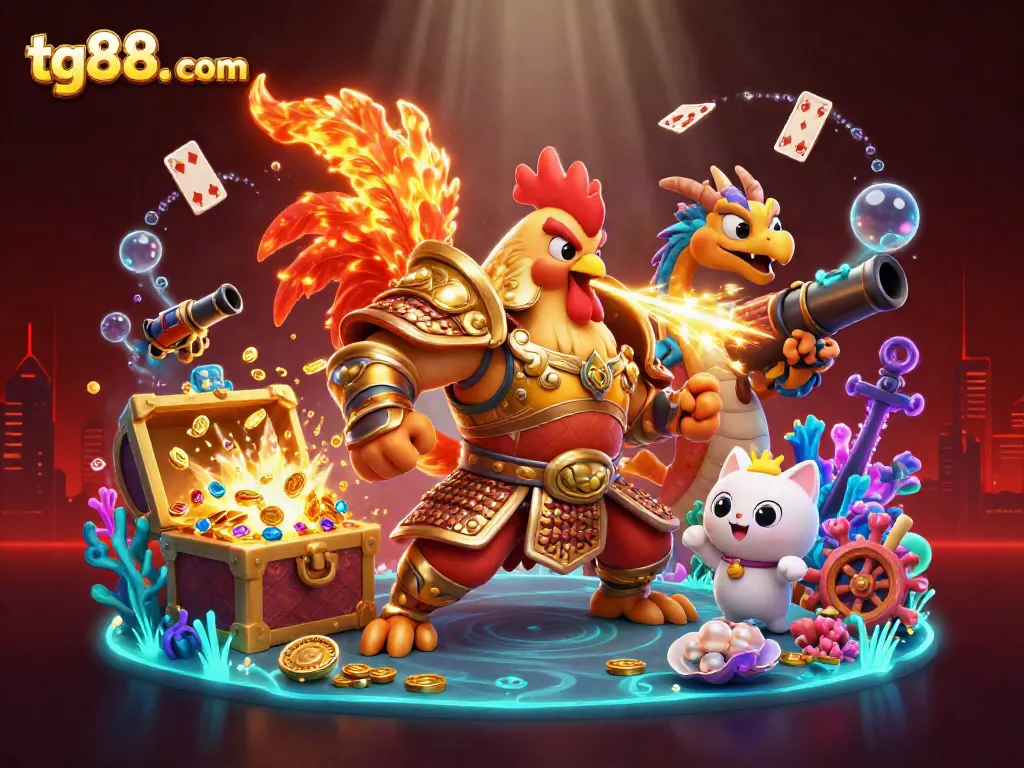 Engage in thrilling gaming at tg88. com with a colorful illustration of an armored rooster and dragon in an underwater casino adventure.