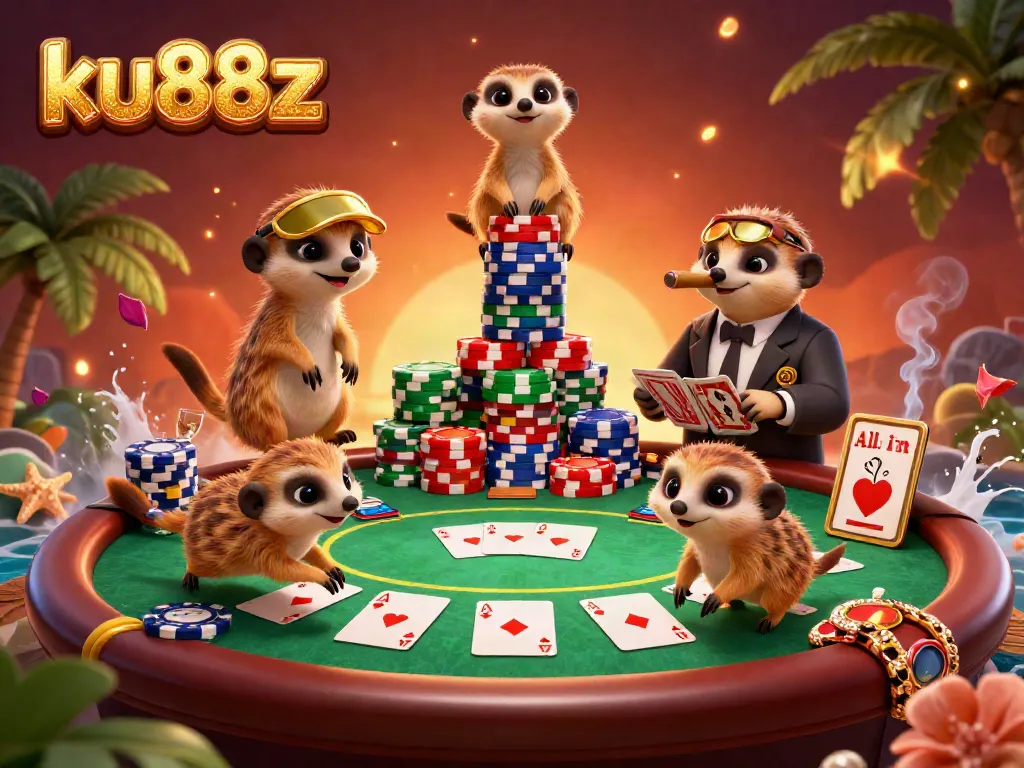 Experience the excitement of ku88z with meerkats running a vibrant casino scene featuring poker tables, chips, and championship bracing.