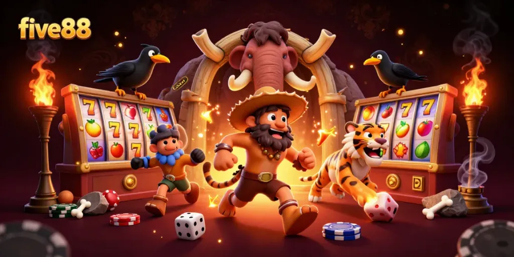 Join the exciting world of five88 with a vibrant prehistoric casino scene featuring fun characters and dynamic gaming elements.
