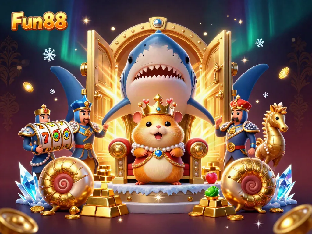 Enjoy spinning slots at Fun88 with a fierce hamster king on a throne of gold, surrounded by treasures.