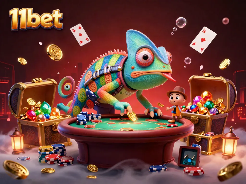 Experience thrilling gaming at 11bet with a vibrant chameleon casino owner amidst floating cards and treasures.