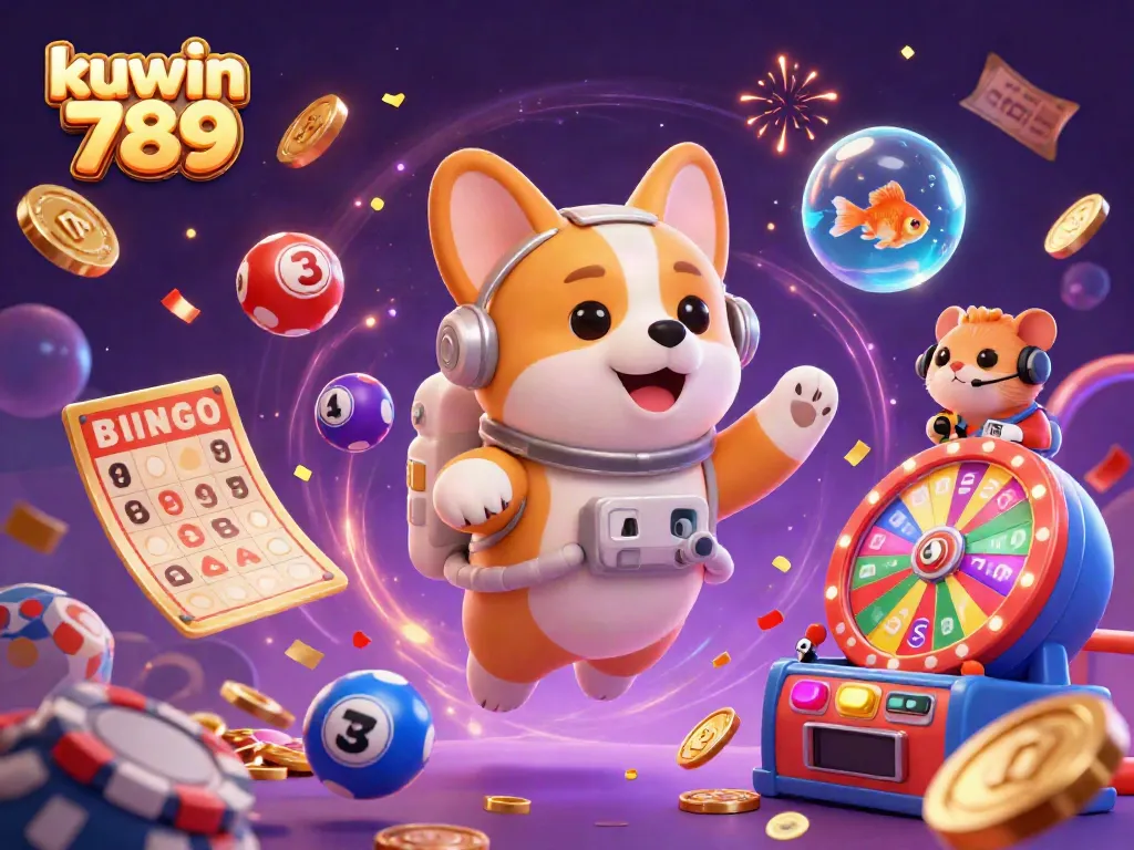 Experience the excitement of kuwin 789 with dynamic characters and vibrant casino elements in a space station.