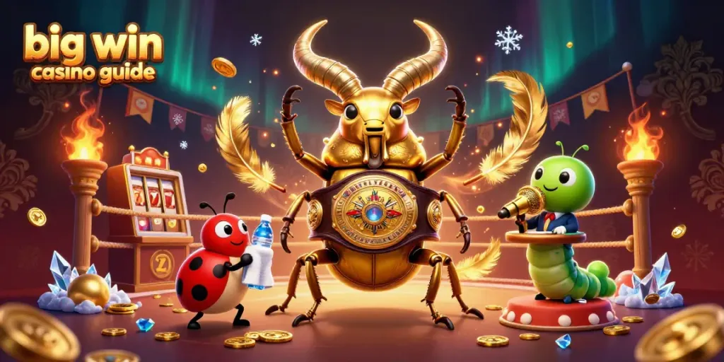 Engaging scene from the big win casino guide showcasing a fierce beetle in a championship belt with a supporting cast, dynamic and colorful.
