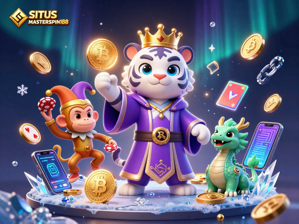 SITUS MASTERSPIN188 showcases colorful casino action with a white tiger, monkey, and jade dragon.