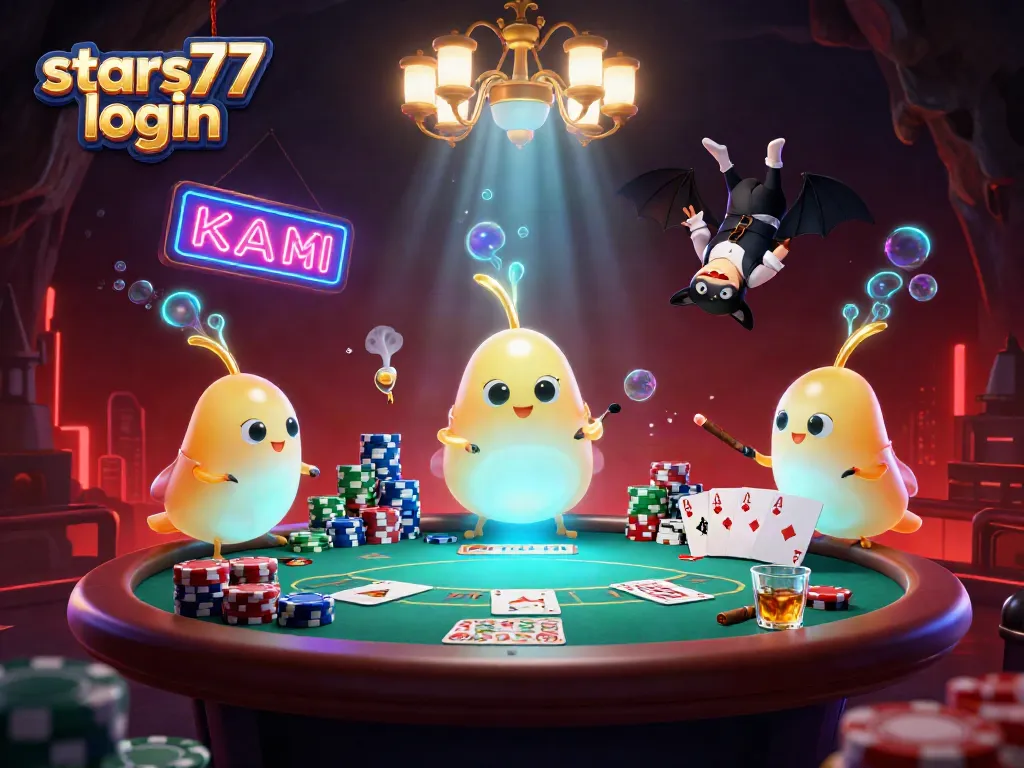 Memasuki dunia menegangkan dengan stars77 login, pemain melihat dealer dan chip poker di dalam kasino bercahaya.