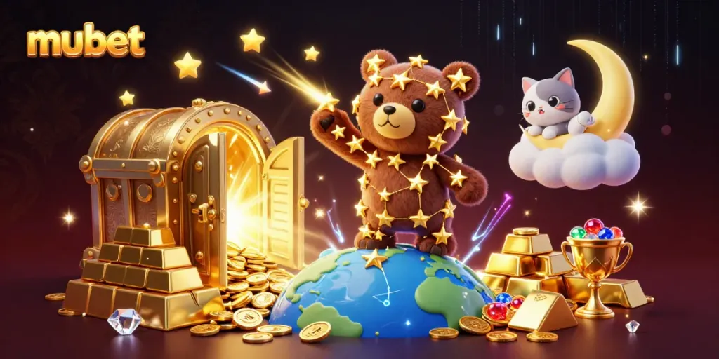 Experience the magic of mubet as the constellation bear scoops coins amidst treasure vaults and jewels.