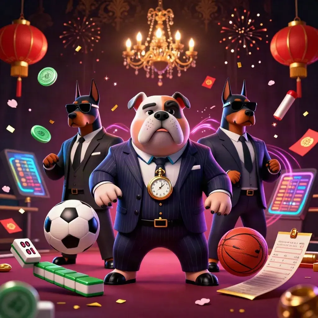 Bulldog boss and two Dobermans amid flying balls, lanterns, coins, confetti, and gold-lit casino chaos.