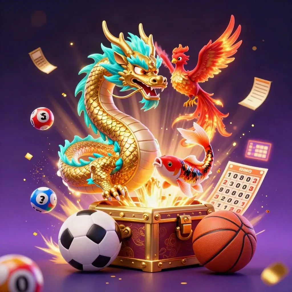 Golden dragon with phoenix, koi, and casino game elements in a glowing purple starfield
