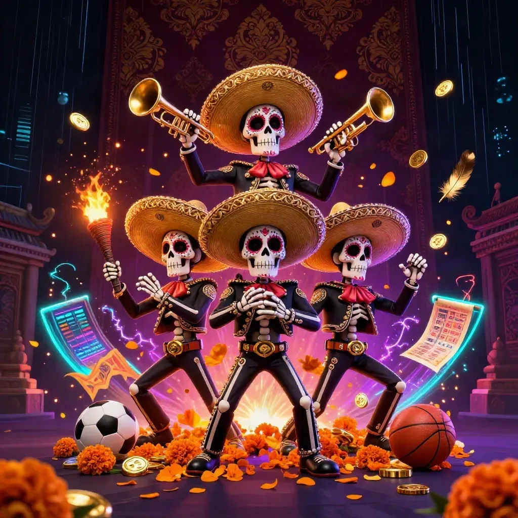 Three skeleton mariachi performers in a neon casino fantasy with gold, cyan, and purple energy