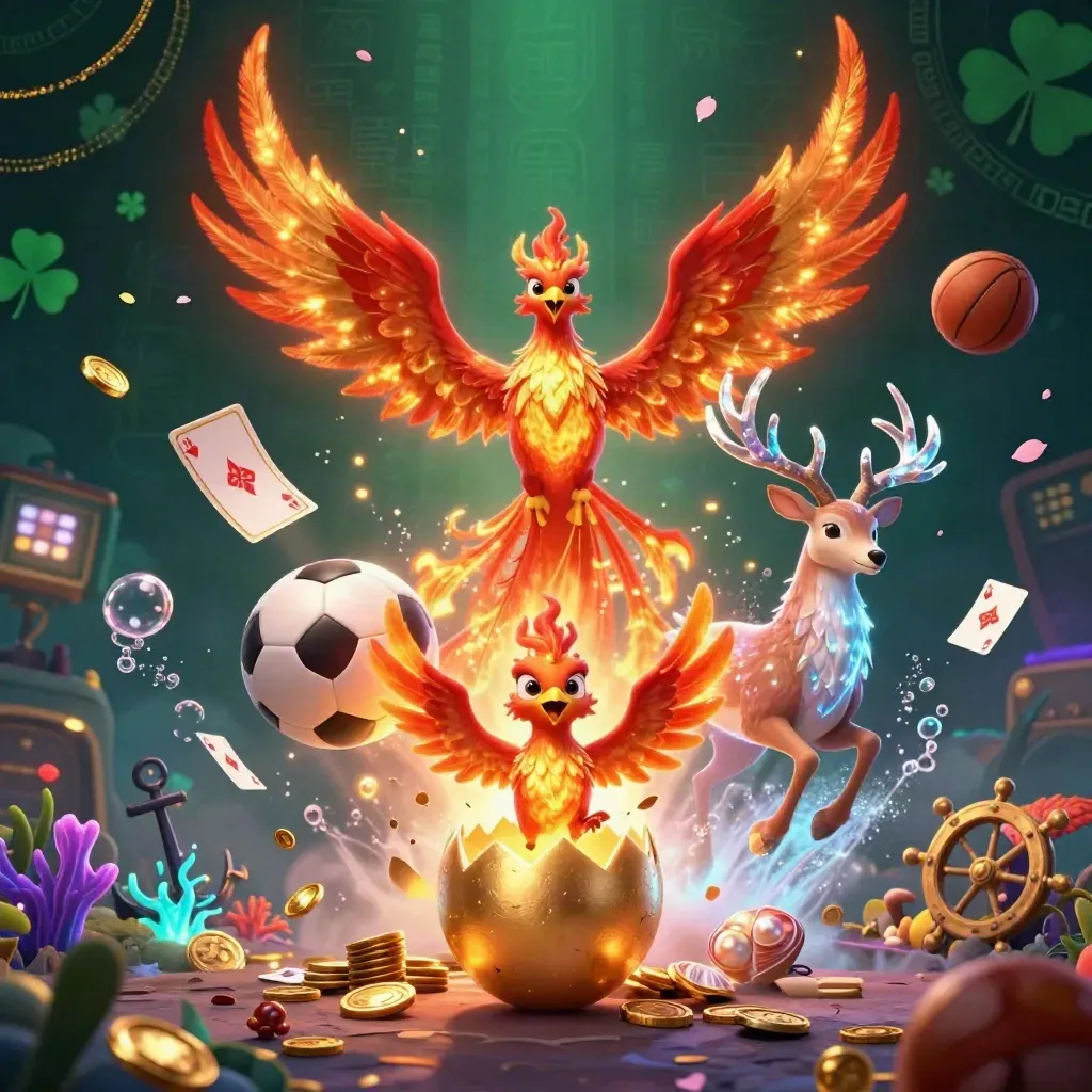Phoenix, stag, and treasure cove burst with casino lights and floating sports props.