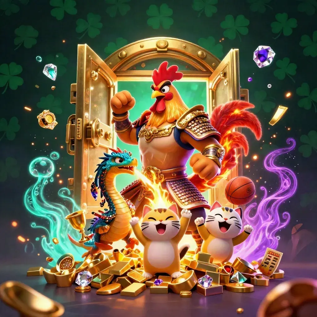 Rooster warrior, dragon hatchling and fortune cat burst from a gold vault with neon loot.