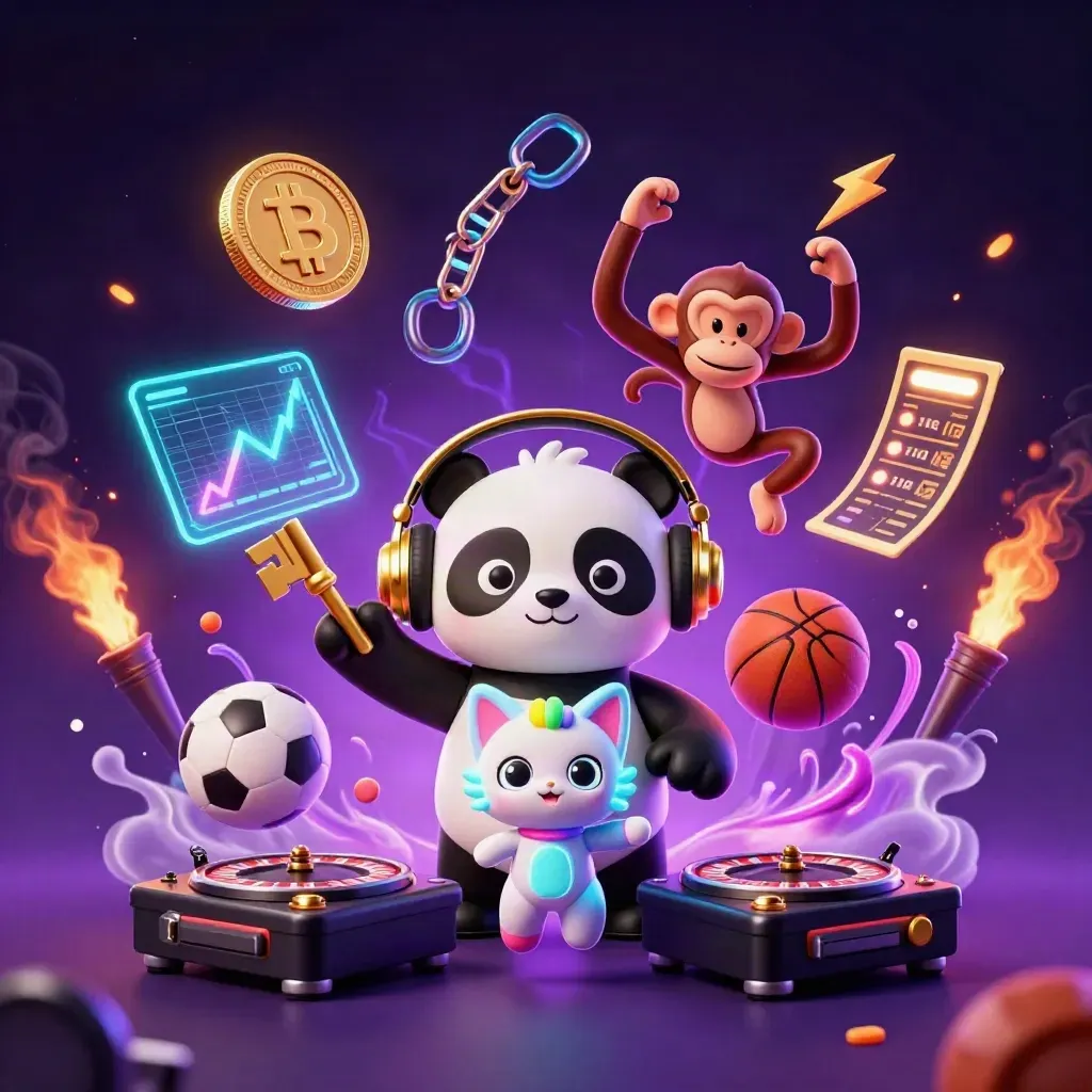 Panda DJ, dancing monkey, and rave kitten amid neon coins, lightning, and casino energy.