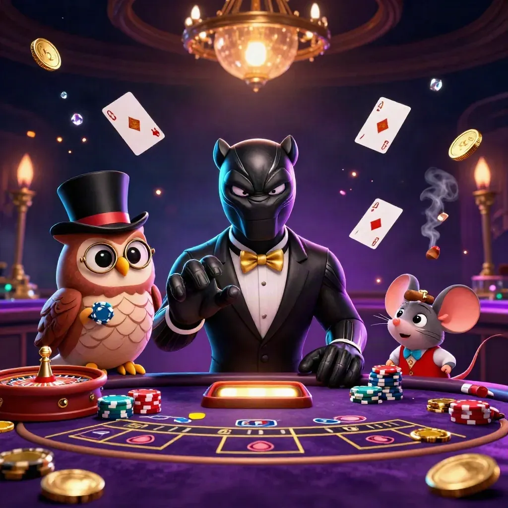 Panther, owl, and mouse in a luxe casino tableau with coins, gems, chips, and a spinning wheel.