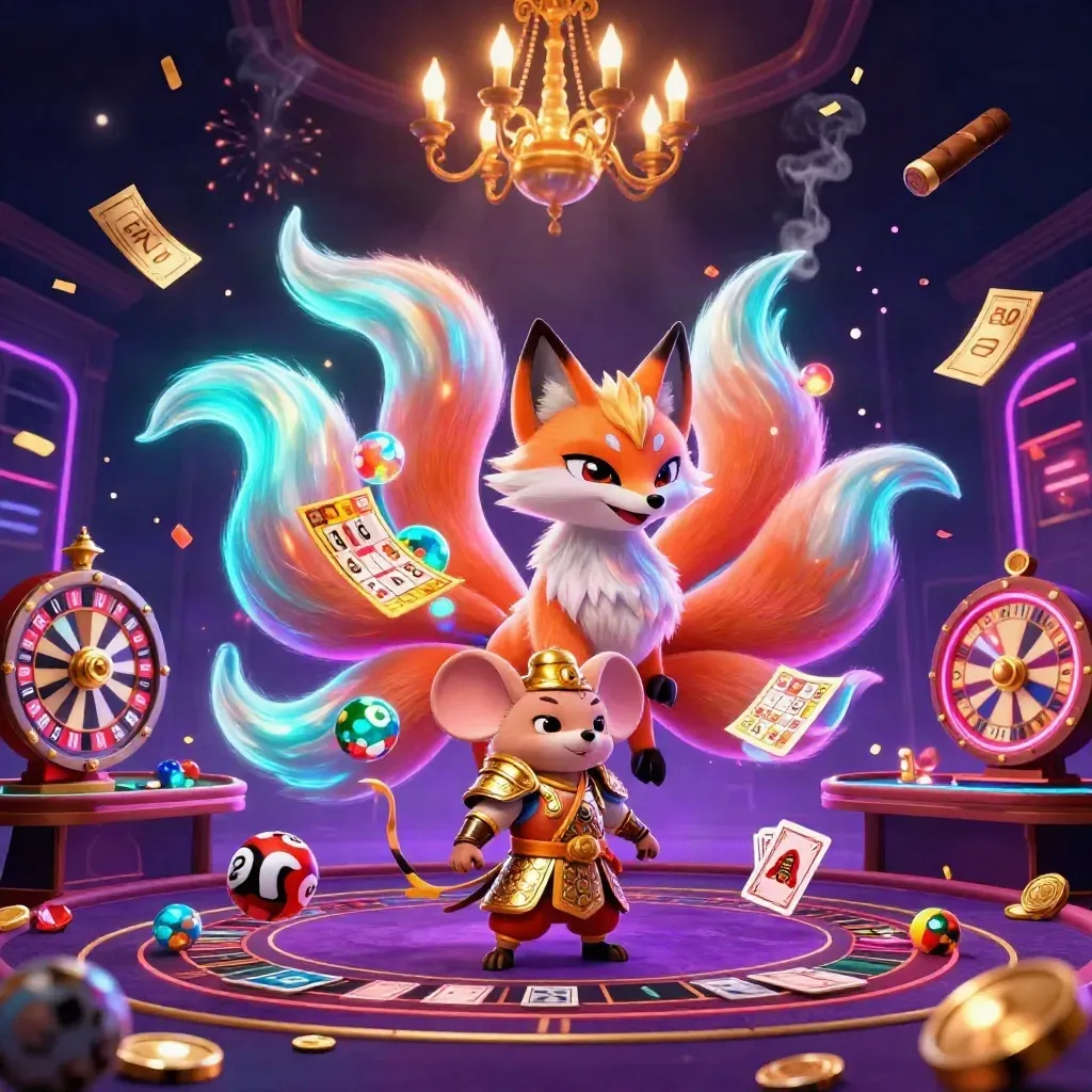 Neon fox spirit and samurai mouse amid casino props, sparks, confetti, and gold-lit luxury