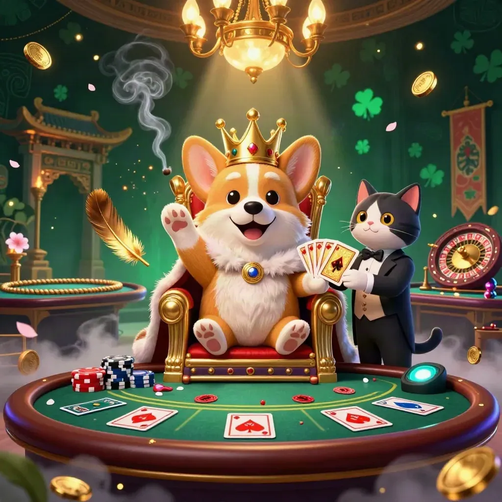 Crowned corgi and cat butler in a luxe casino scene with coins, fog, and glowing lights.