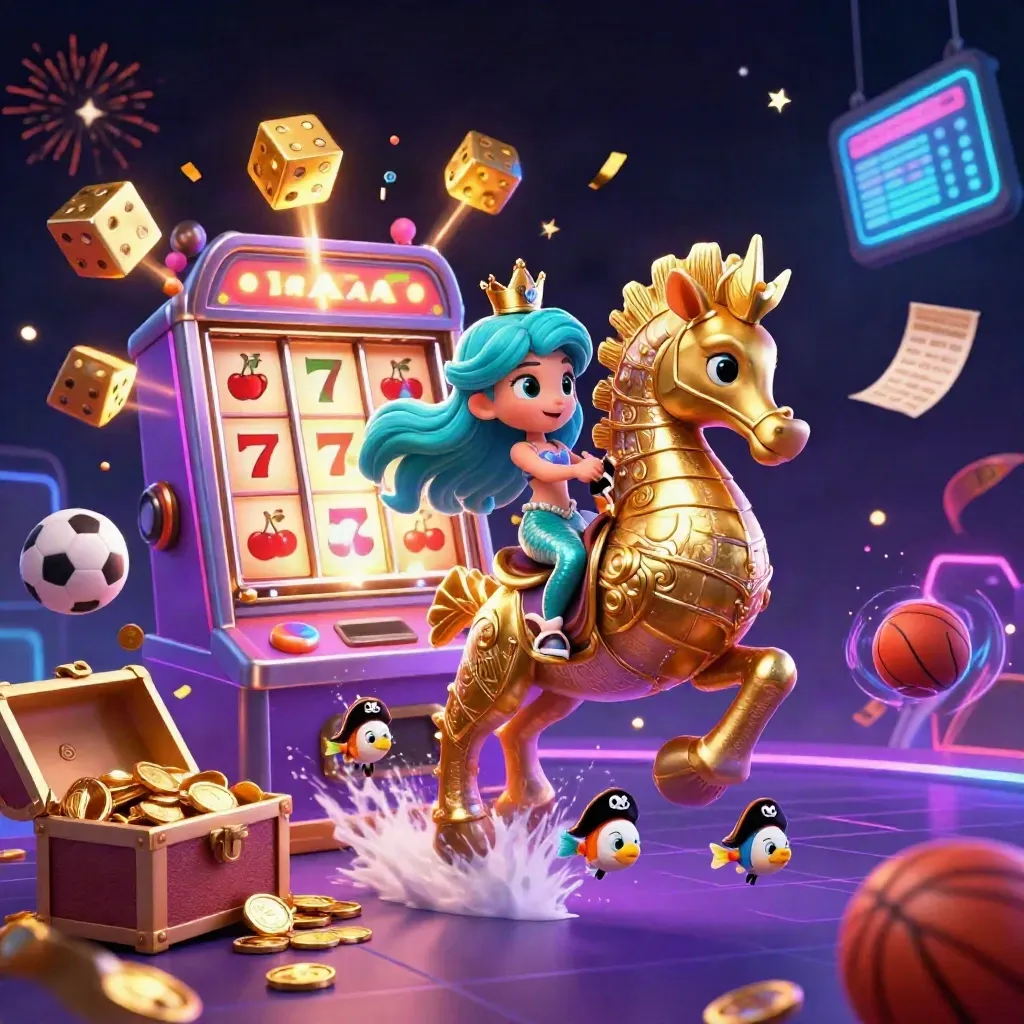 Mermaid princess rides a seahorse amid slot symbols, dice, coins, and neon casino effects.