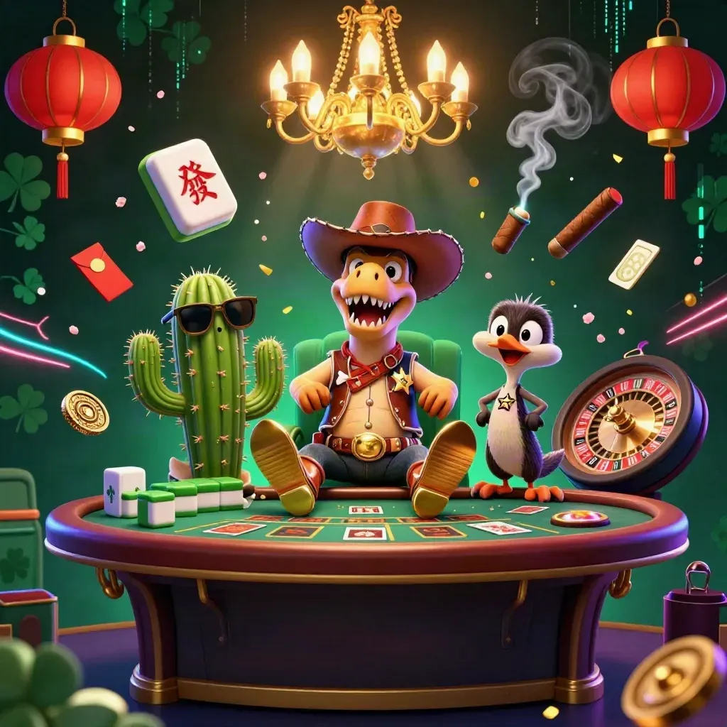 Cowboy T-Rex, cactus, and roadrunner amid casino luxury, lanterns, coins, and neon effects