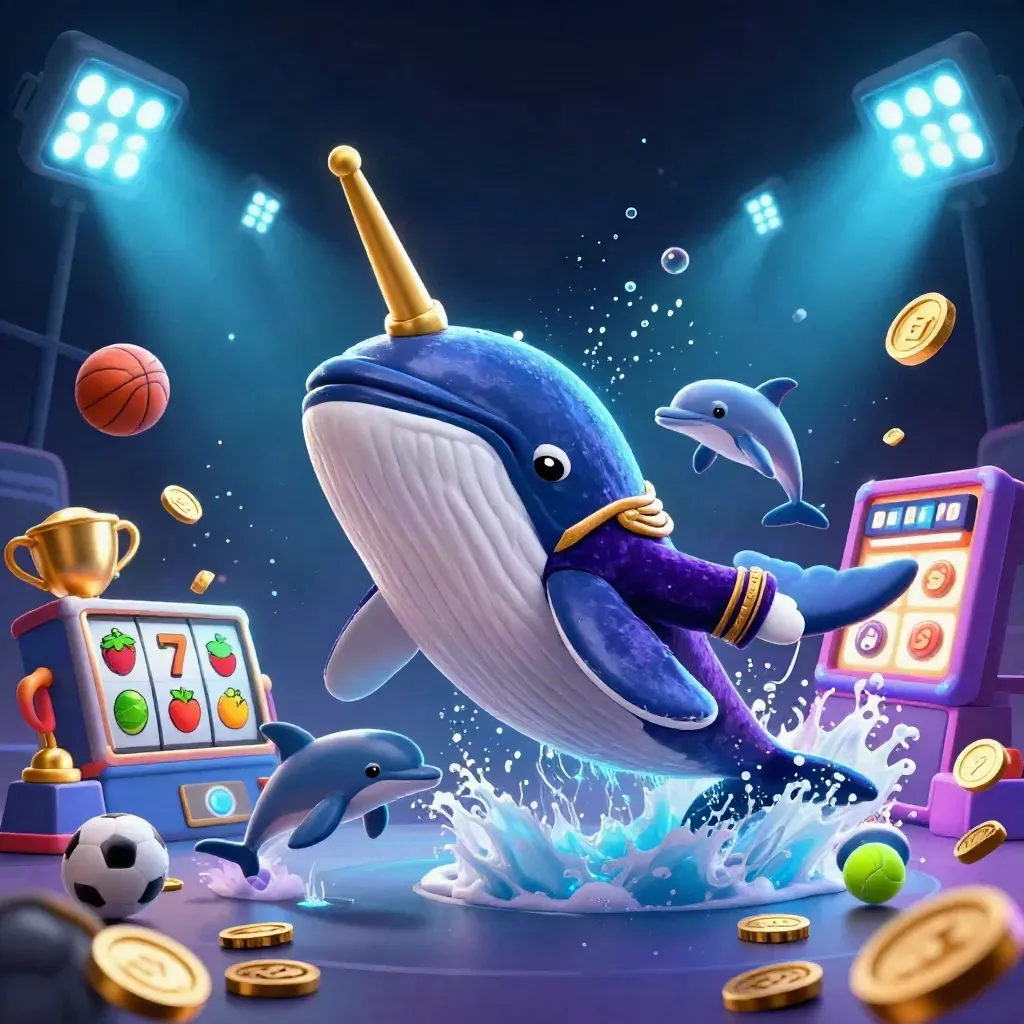 Whale captain, narwhal and dolphins burst from coins with neon casino game energy.