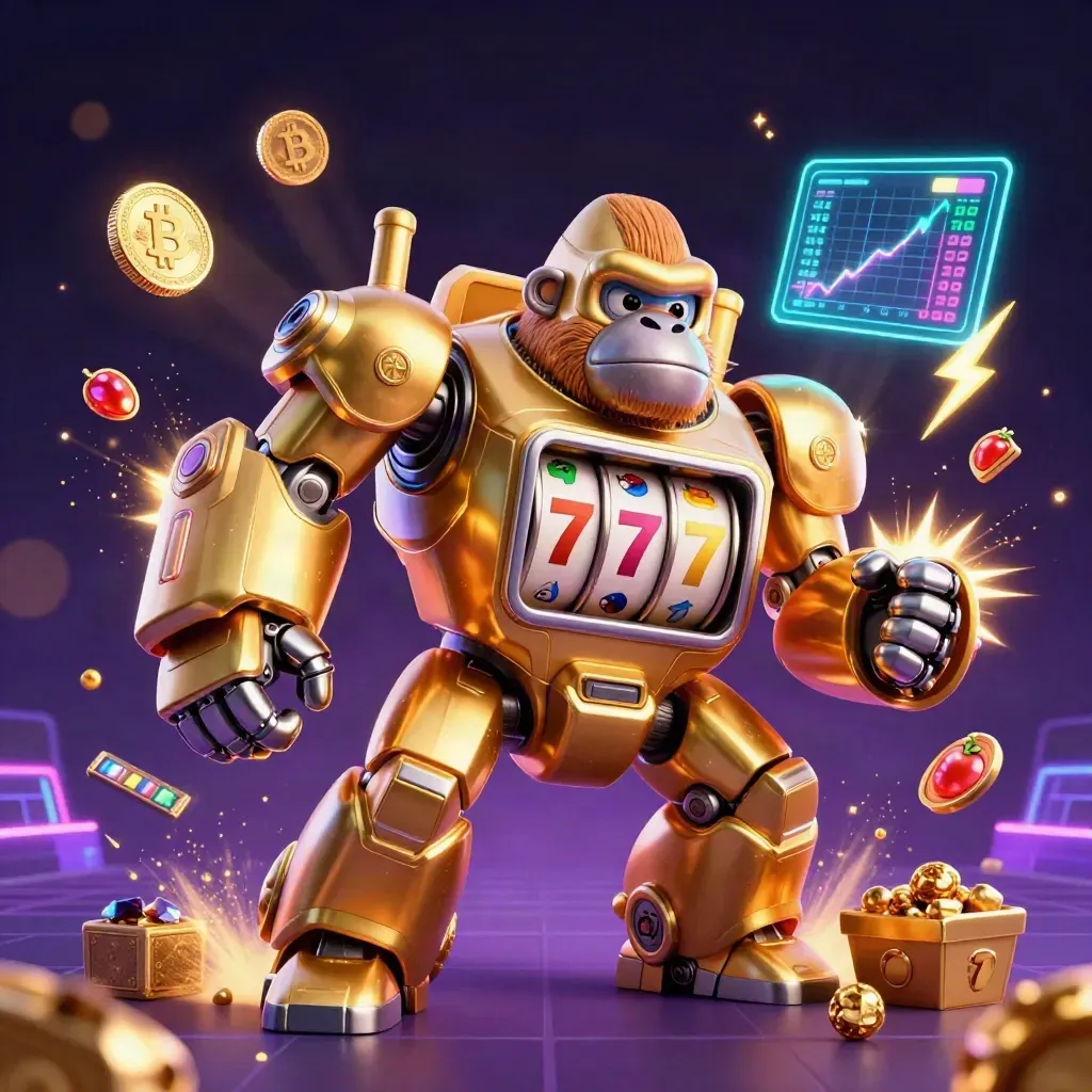 Golden gorilla slot mech with monkey pilot, coins, lightning, and neon casino effects