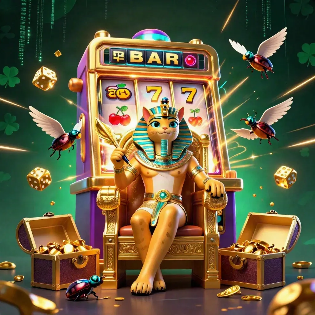 Pharaoh cat, ibis scribe, and gem-wing scarabs with exploding slot machine gold and neon glow.