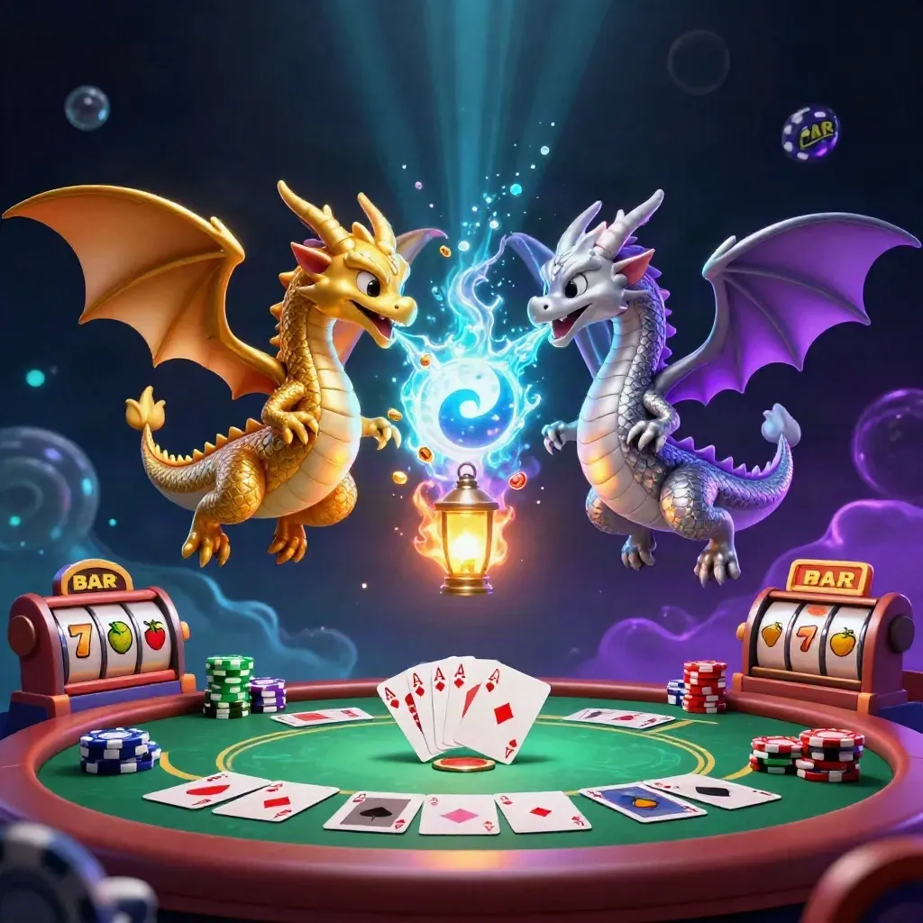 Gold and silver dragons clash in a cyan glow over poker cards and chips, with a tiny lantern spirit.