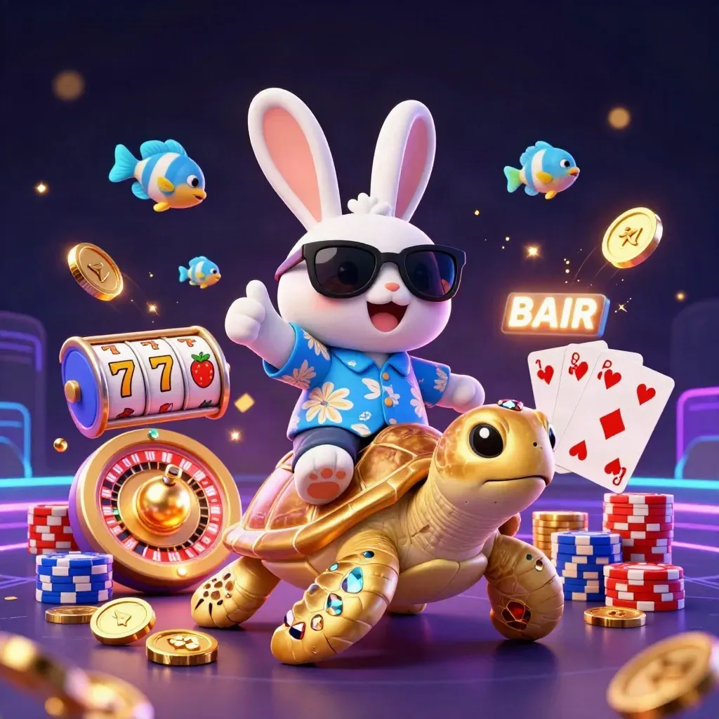 Lucky rabbit in shades rides a gem-shell sea turtle through coins, gems, chips and neon casino light.