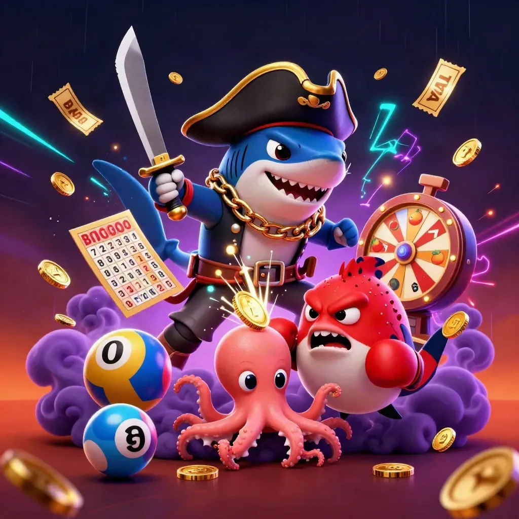 Pirate shark, boxing pufferfish, and coin-juggling octopus amid casino bursts and neon cyan energy.